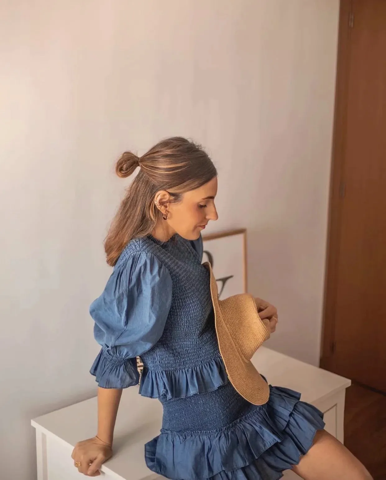 Blue Bubbles Sleeves Ruffles Blouse Irregular Hem Skirt Mini Dress Two-piece Set