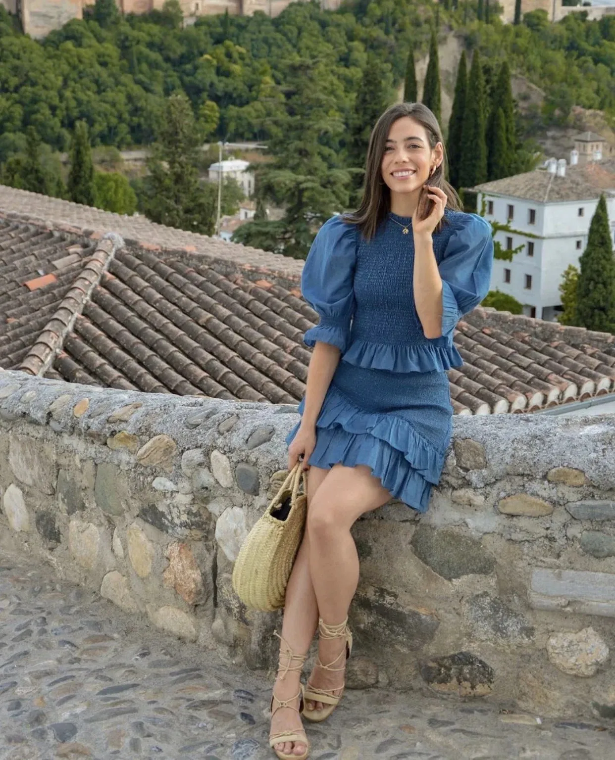Blue Bubbles Sleeves Ruffles Blouse Irregular Hem Skirt Mini Dress Two-piece Set
