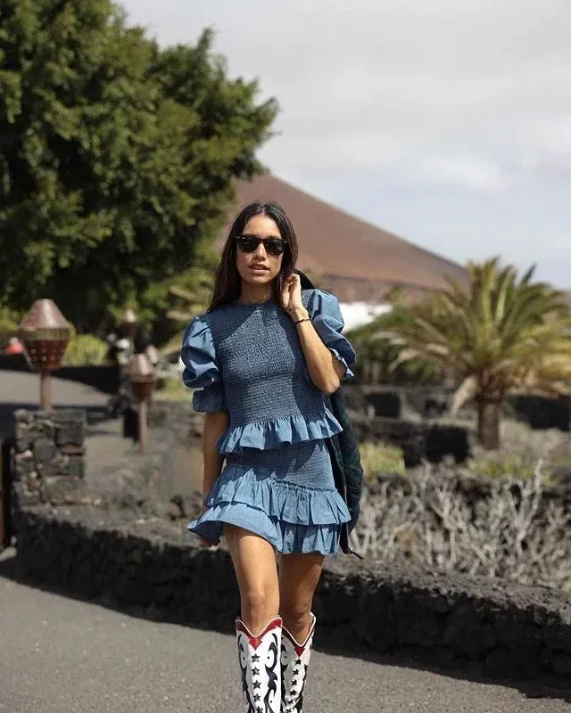 Blue Bubbles Sleeves Ruffles Blouse Irregular Hem Skirt Mini Dress Two-piece Set
