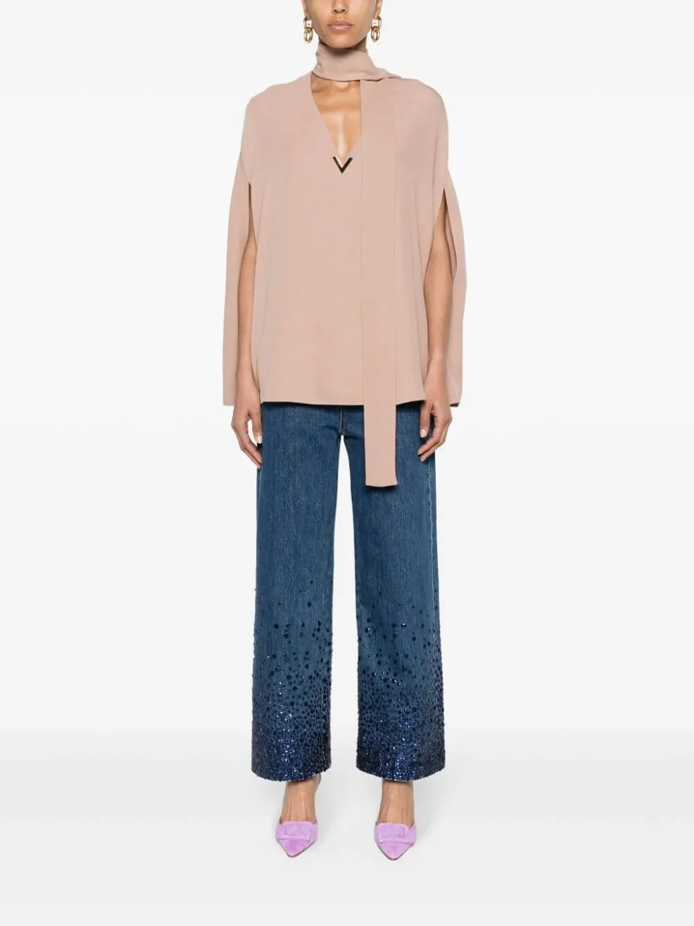 Blush Pink Silk Tie-Neck Blouse