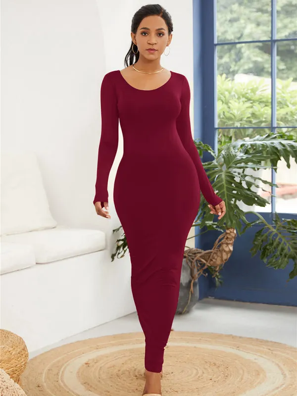 Bodycon Long Dress with Scoop Neckline and Long Sleeves