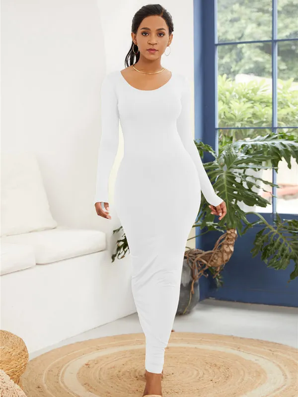 Bodycon Long Dress with Scoop Neckline and Long Sleeves
