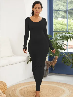 Bodycon Long Dress with Scoop Neckline and Long Sleeves