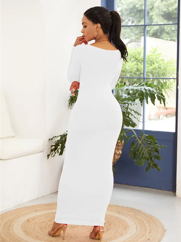 Bodycon Long Dress with Scoop Neckline and Long Sleeves