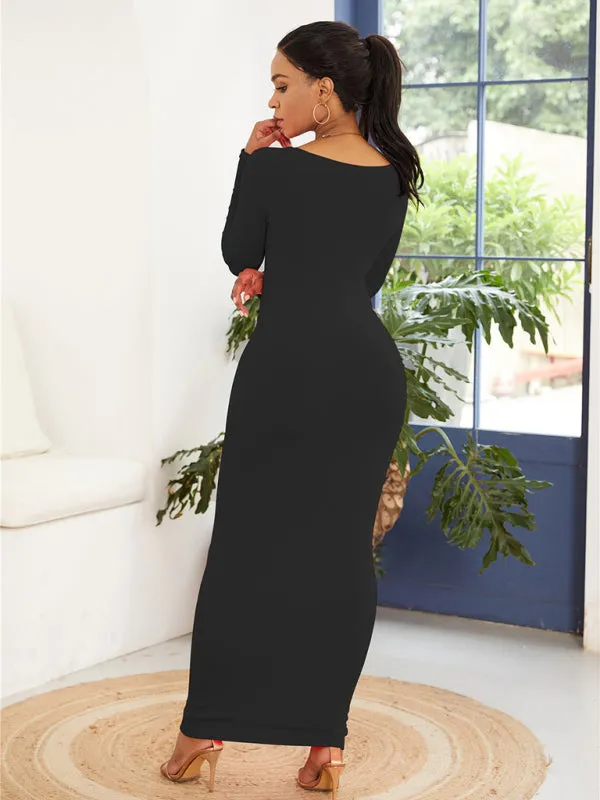 Bodycon Long Dress with Scoop Neckline and Long Sleeves