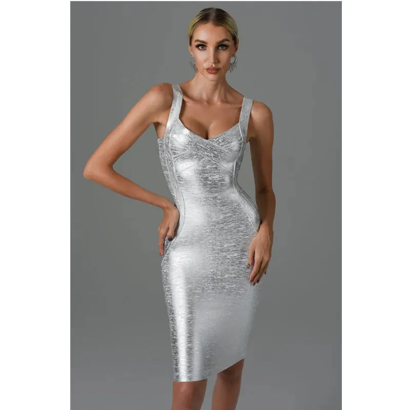 Boutique Designer Style Sexy Metallic Sleeveless Backless Short Dress Gold Silver Midi Bodycon Bandage Dress Elegant Evening Wedding Party Dress