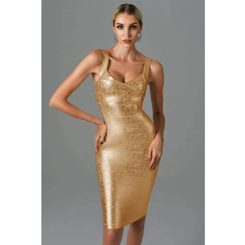 Boutique Designer Style Sexy Metallic Sleeveless Backless Short Dress Gold Silver Midi Bodycon Bandage Dress Elegant Evening Wedding Party Dress