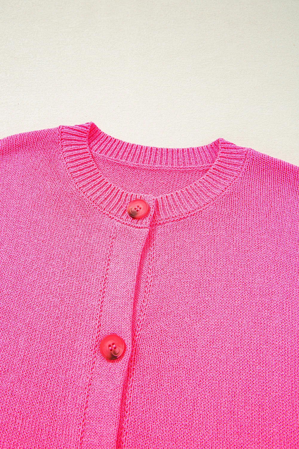Bright Pink Distressed Hem Short Sleeve Knitted Button Front Sweater