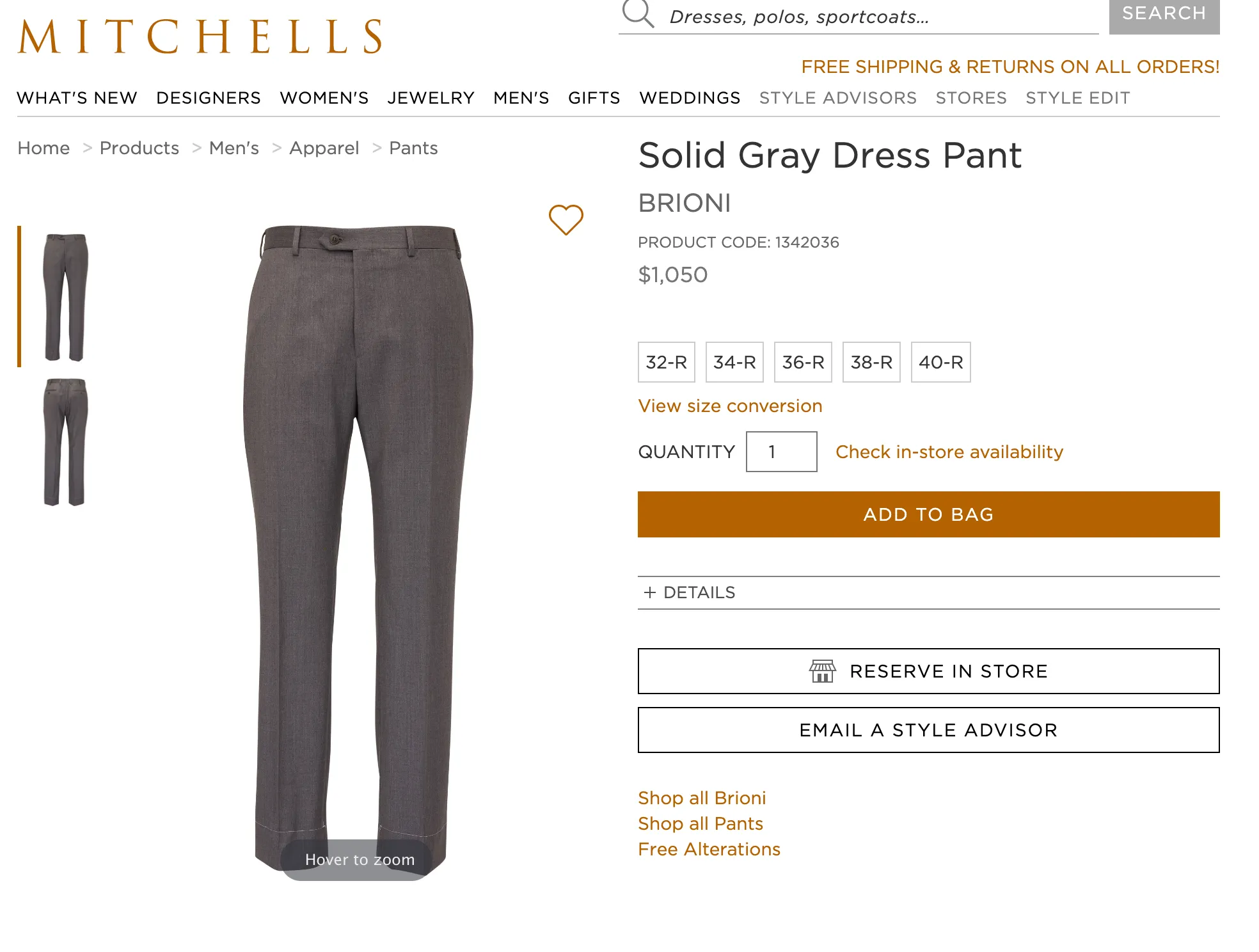 BRIONI - Super 150's SILK LINED "PHI" Gray Charcoal Dress Pants - 44W