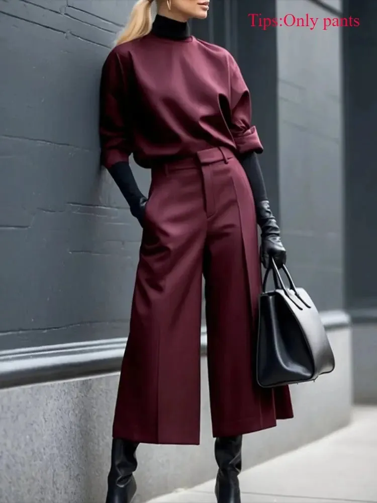 Burgundy High Waist Wide Leg Pleated Trousers