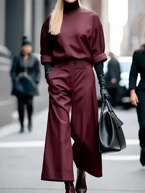 Burgundy High Waist Wide Leg Pleated Trousers