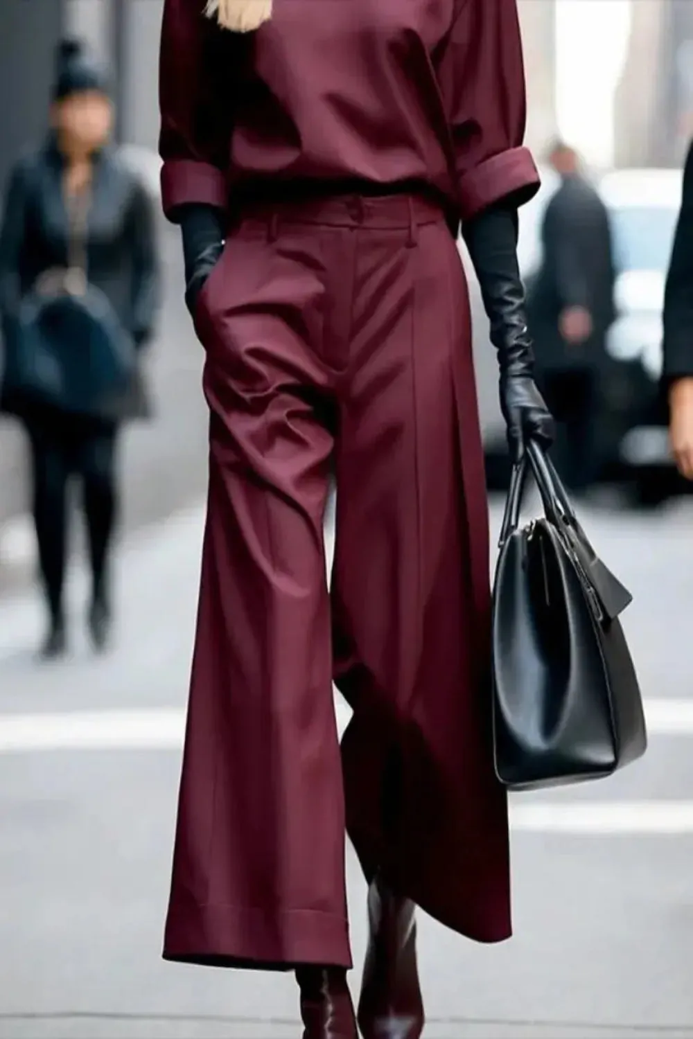 Burgundy High Waist Wide Leg Pleated Trousers