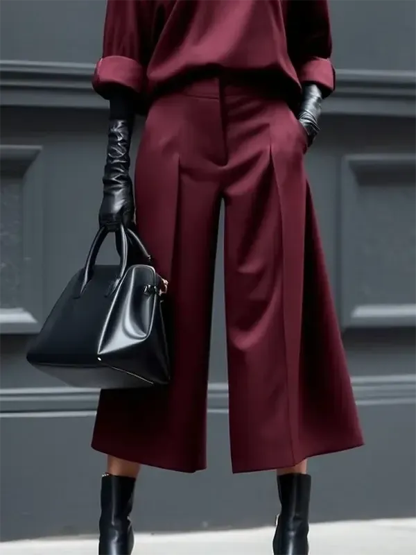 Burgundy High Waist Wide Leg Pleated Trousers
