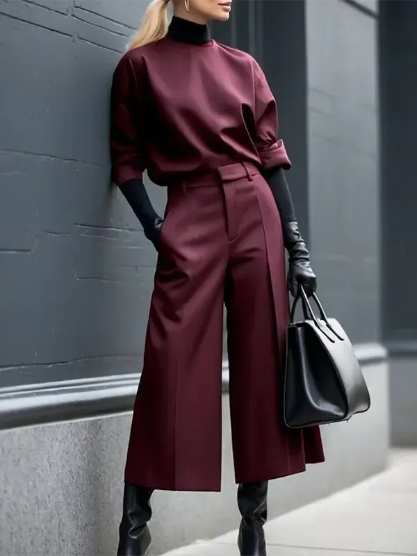 Burgundy High Waist Wide Leg Pleated Trousers