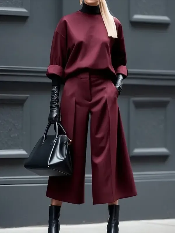 Burgundy High Waist Wide Leg Pleated Trousers