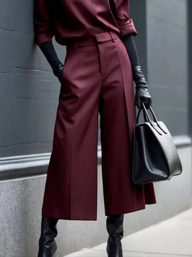 Burgundy High Waist Wide Leg Pleated Trousers