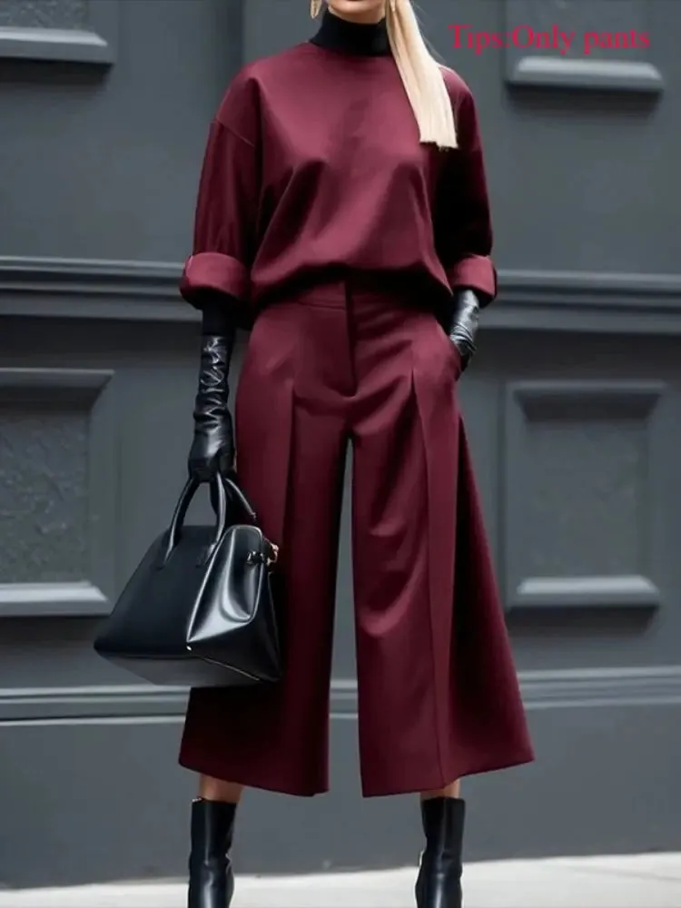 Burgundy High Waist Wide Leg Pleated Trousers