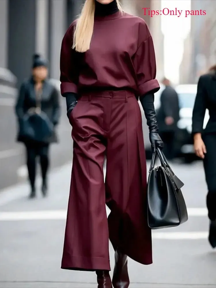 Burgundy High Waist Wide Leg Pleated Trousers