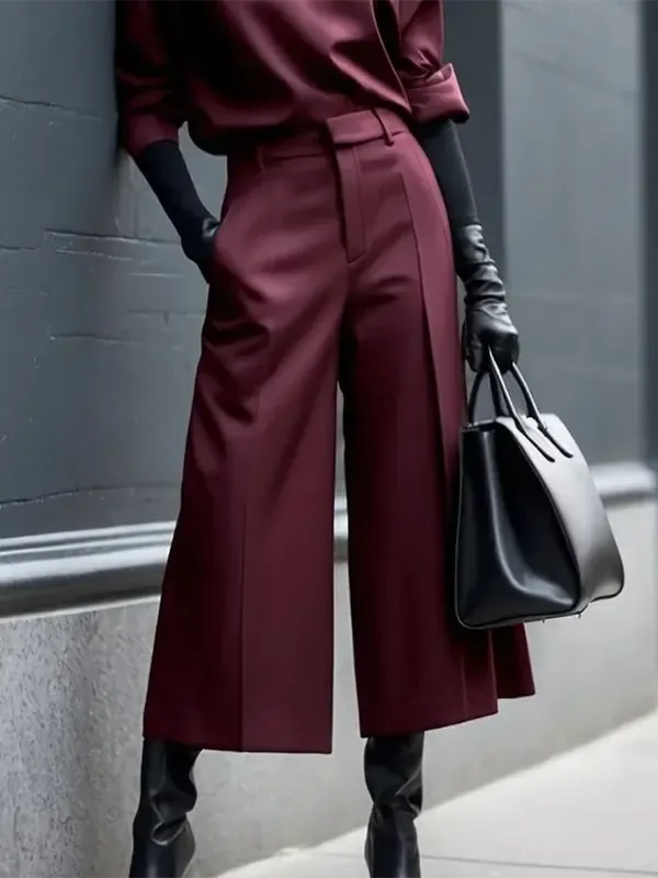 Burgundy High Waist Wide Leg Pleated Trousers