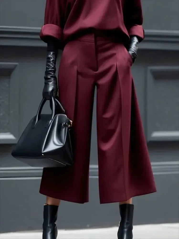 Burgundy High Waist Wide Leg Pleated Trousers