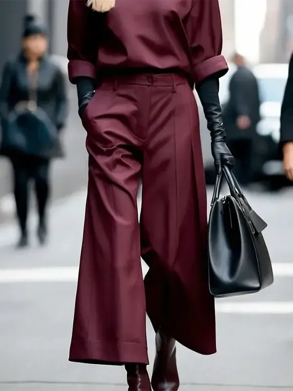 Burgundy High Waist Wide Leg Pleated Trousers