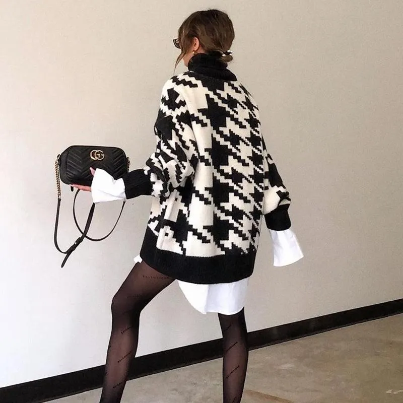 Casual Knitting Plaid Women Hoody Sweaters