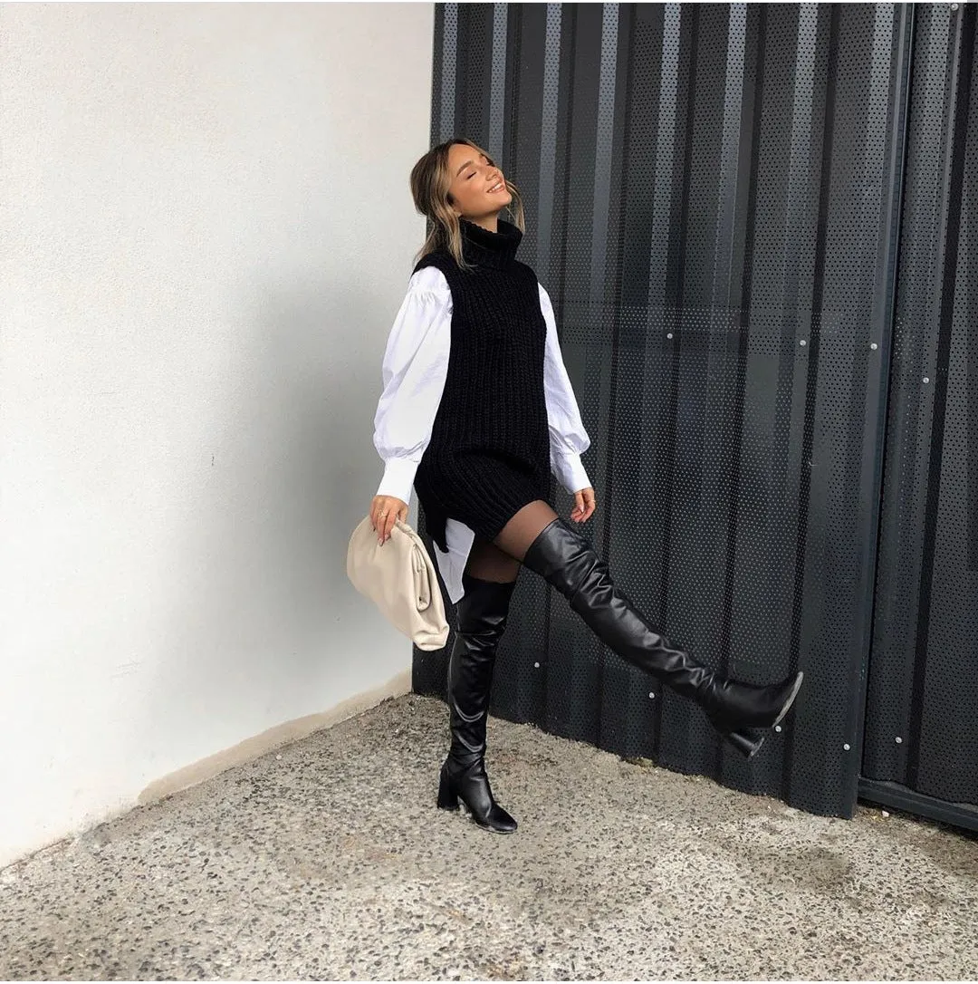 Casual Pile Collar High-collared Sweaters Mini Dresses Black
