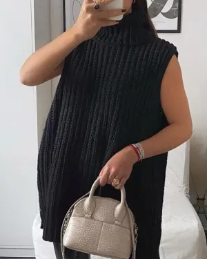 Casual Pile Collar High-collared Sweaters Mini Dresses Black