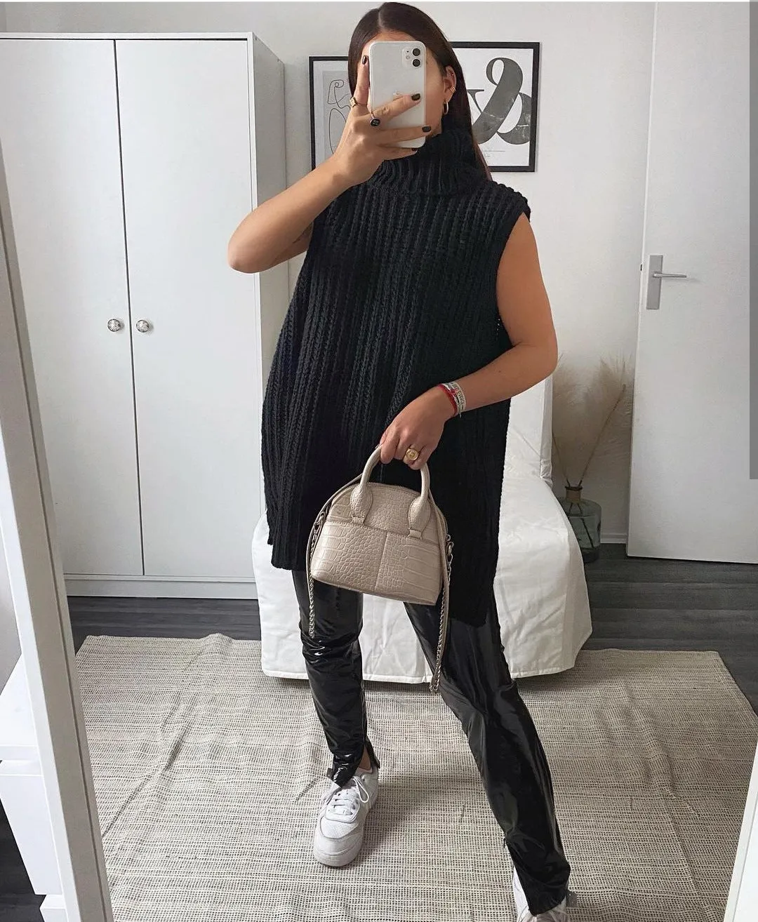 Casual Pile Collar High-collared Sweaters Mini Dresses Black