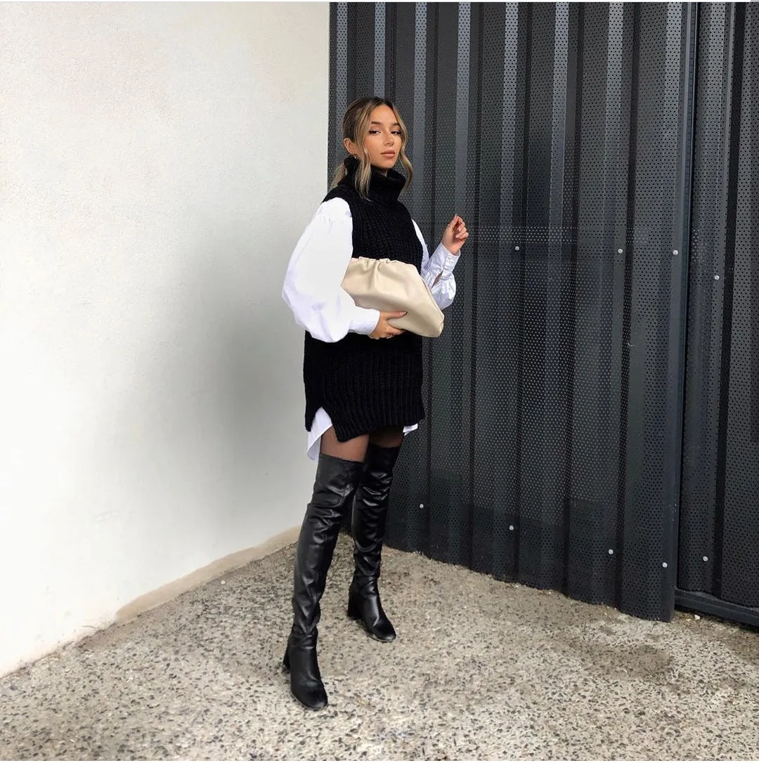 Casual Pile Collar High-collared Sweaters Mini Dresses Black