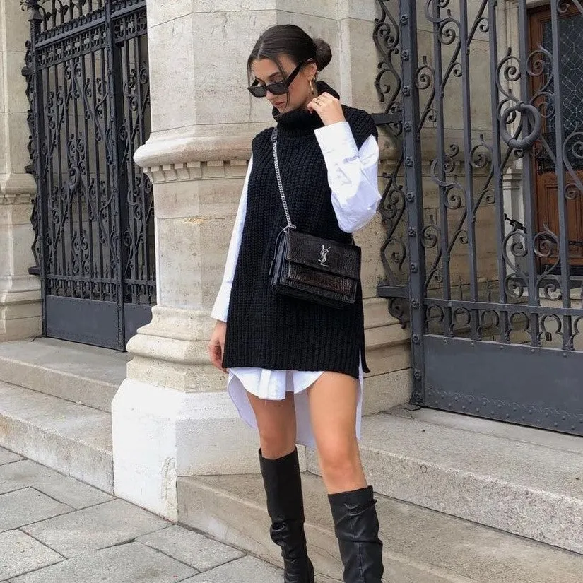 Casual Pile Collar High-collared Sweaters Mini Dresses Black