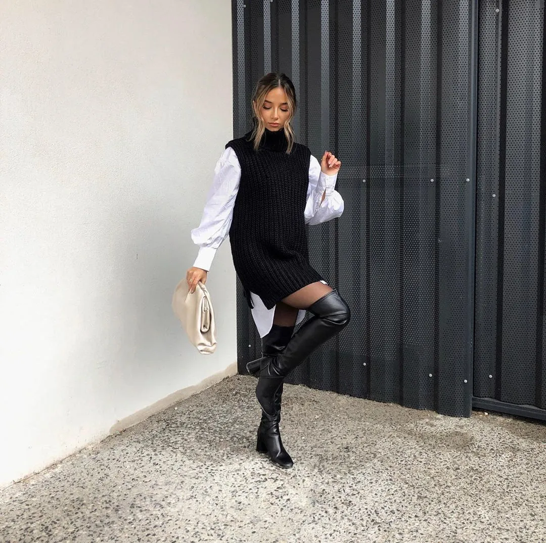 Casual Pile Collar High-collared Sweaters Mini Dresses Black