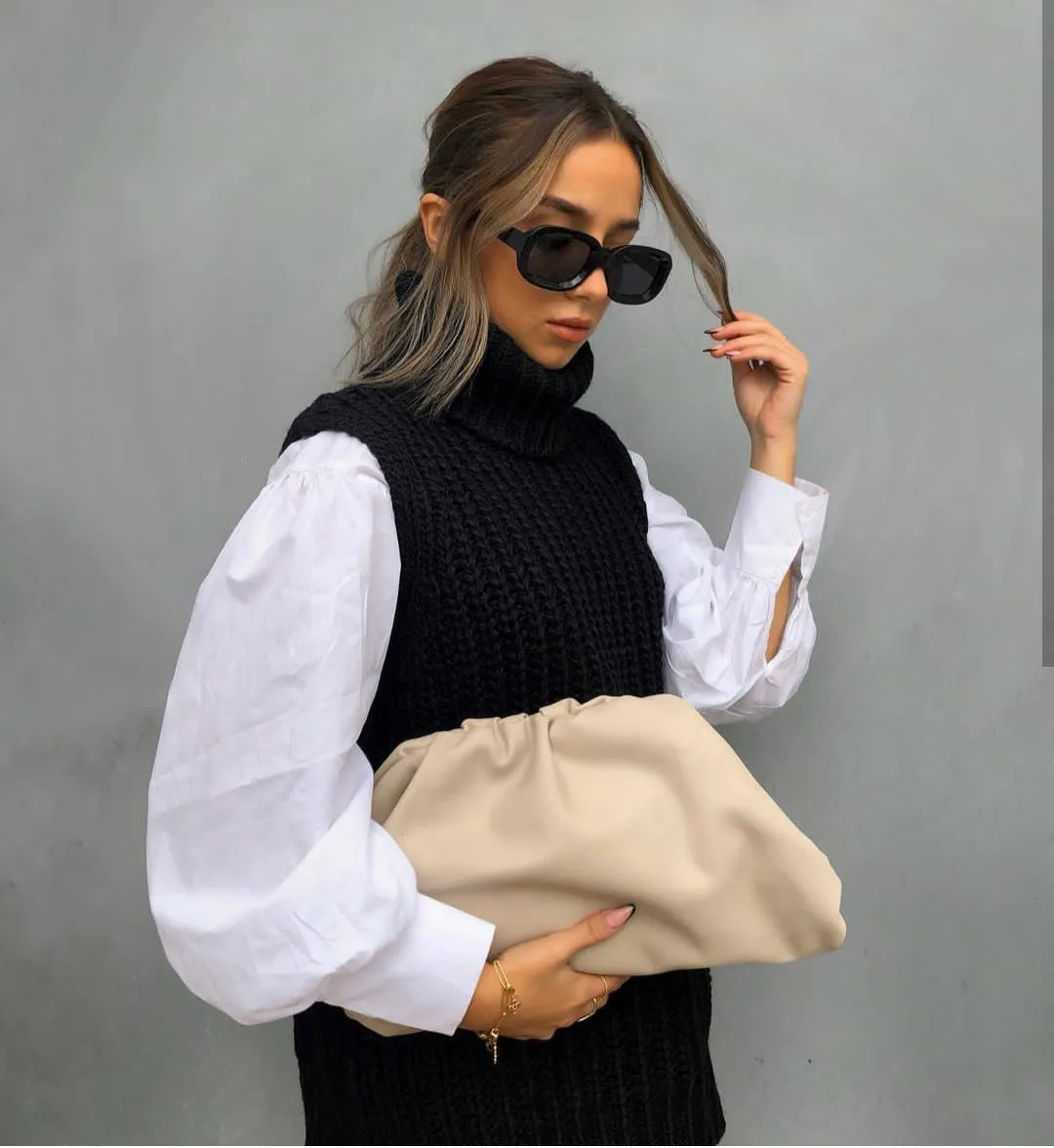 Casual Pile Collar High-collared Sweaters Mini Dresses Black