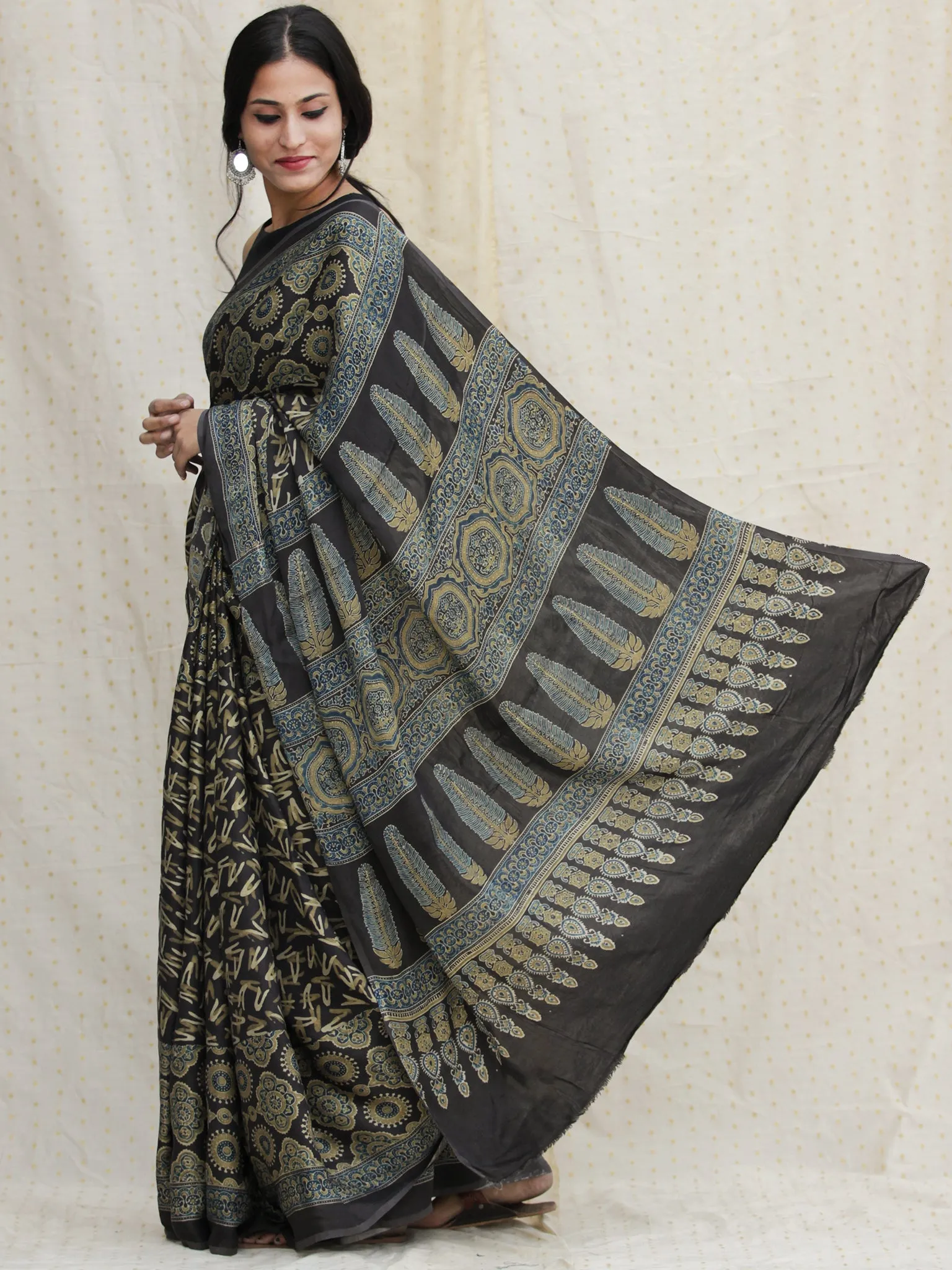 Charcoal Black Indigo Olive green Ajrakh Hand Block Printed Modal Silk Saree - S031704139