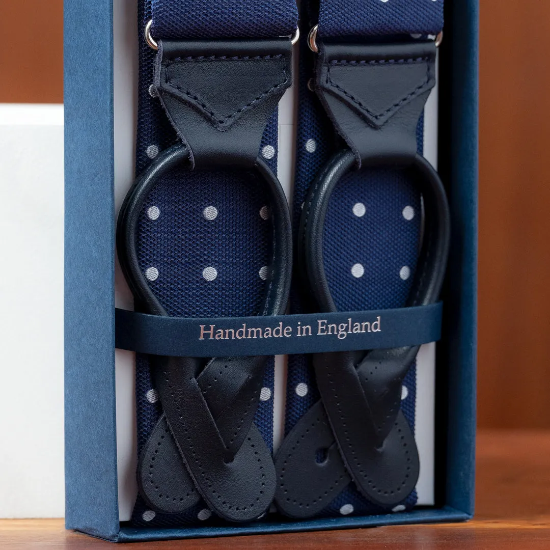 Dark Blue with White Polka Dots Silk Suspenders
