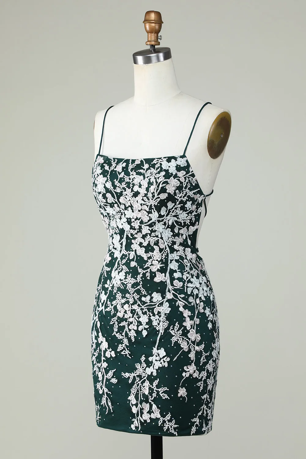 Dark Green Bodycon Spaghetti Straps Homecoming Dress With Appliques