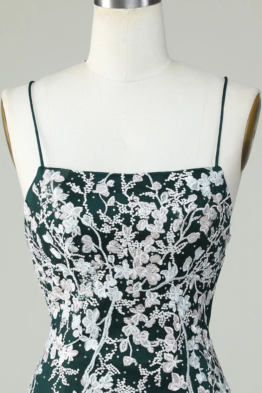 Dark Green Bodycon Spaghetti Straps Homecoming Dress With Appliques
