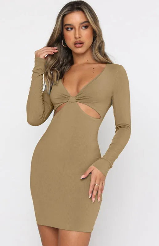 Deep V-Neck Mini Dress with Hollow Cutouts and Knot Detail