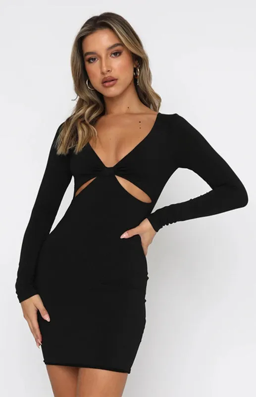 Deep V-Neck Mini Dress with Hollow Cutouts and Knot Detail