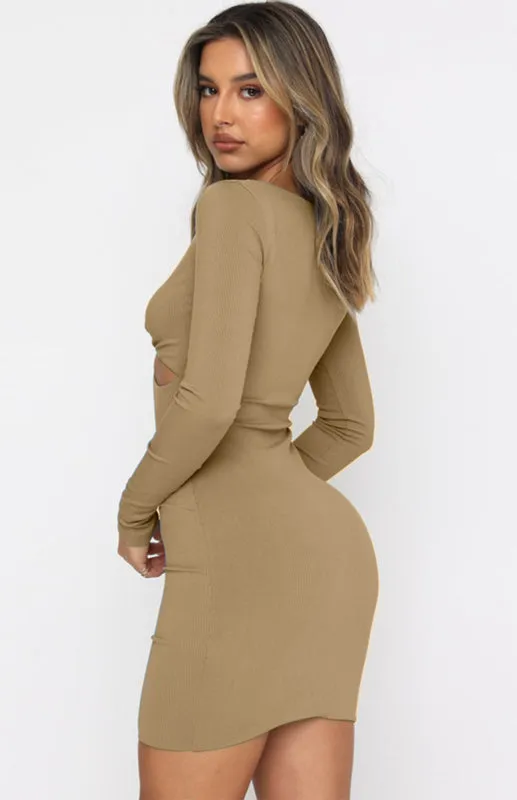 Deep V-Neck Mini Dress with Hollow Cutouts and Knot Detail
