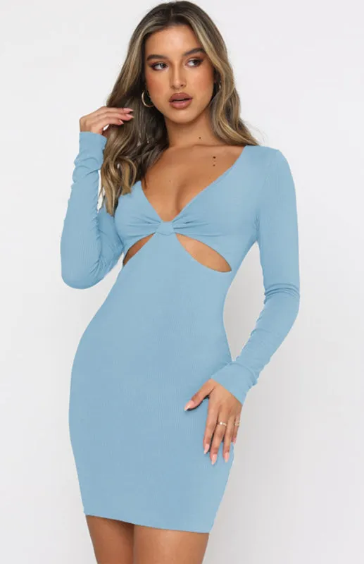 Deep V-Neck Mini Dress with Hollow Cutouts and Knot Detail