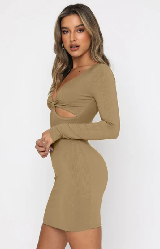 Deep V-Neck Mini Dress with Hollow Cutouts and Knot Detail