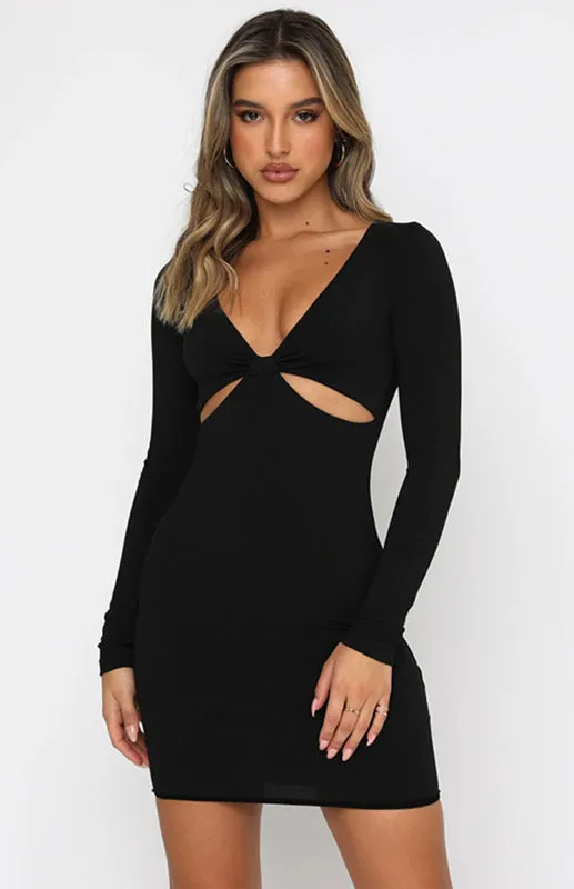 Deep V-Neck Mini Dress with Hollow Cutouts and Knot Detail