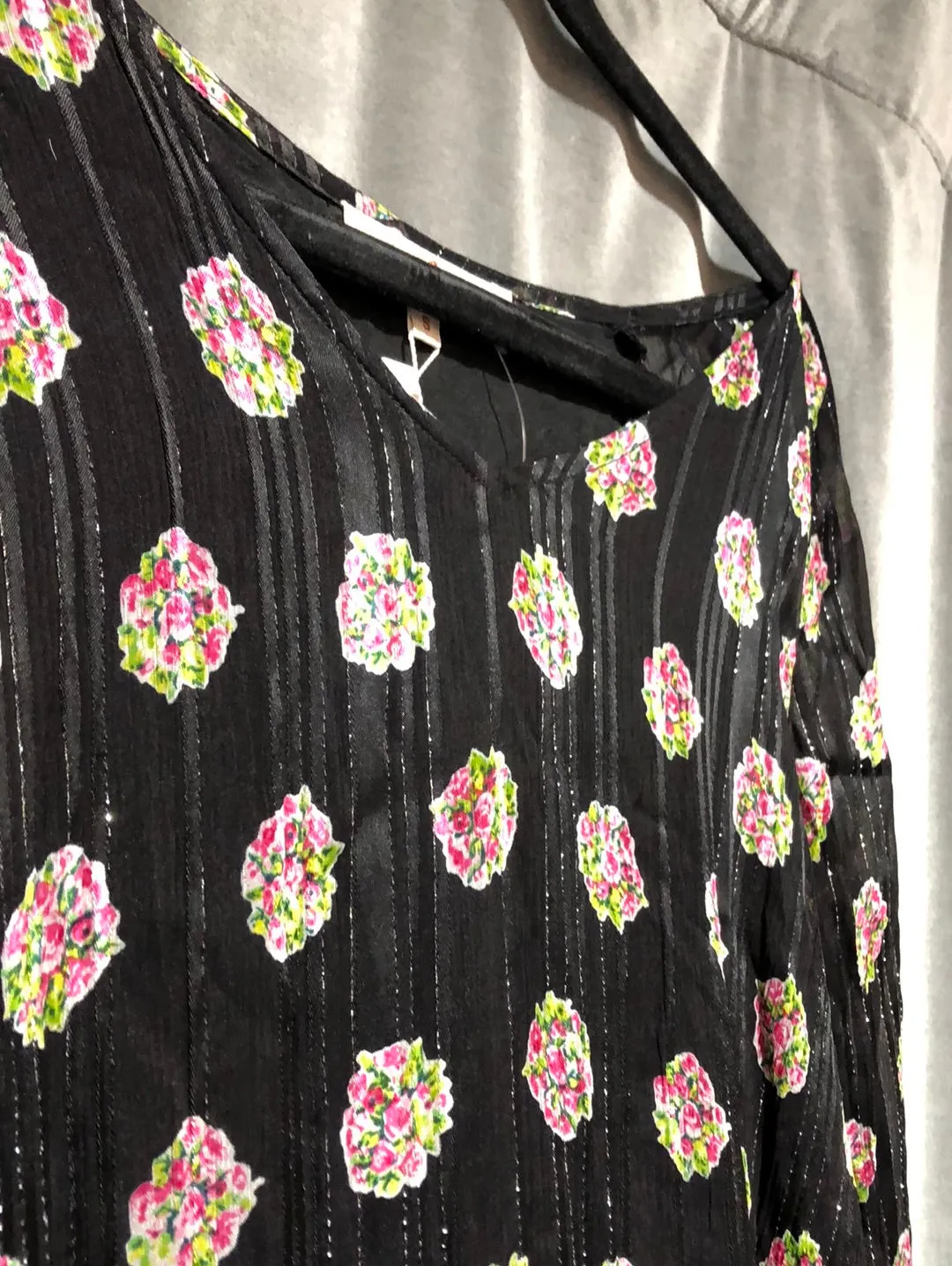 DERHY Black With Pink Fower Bell Sleeve MIni Dress