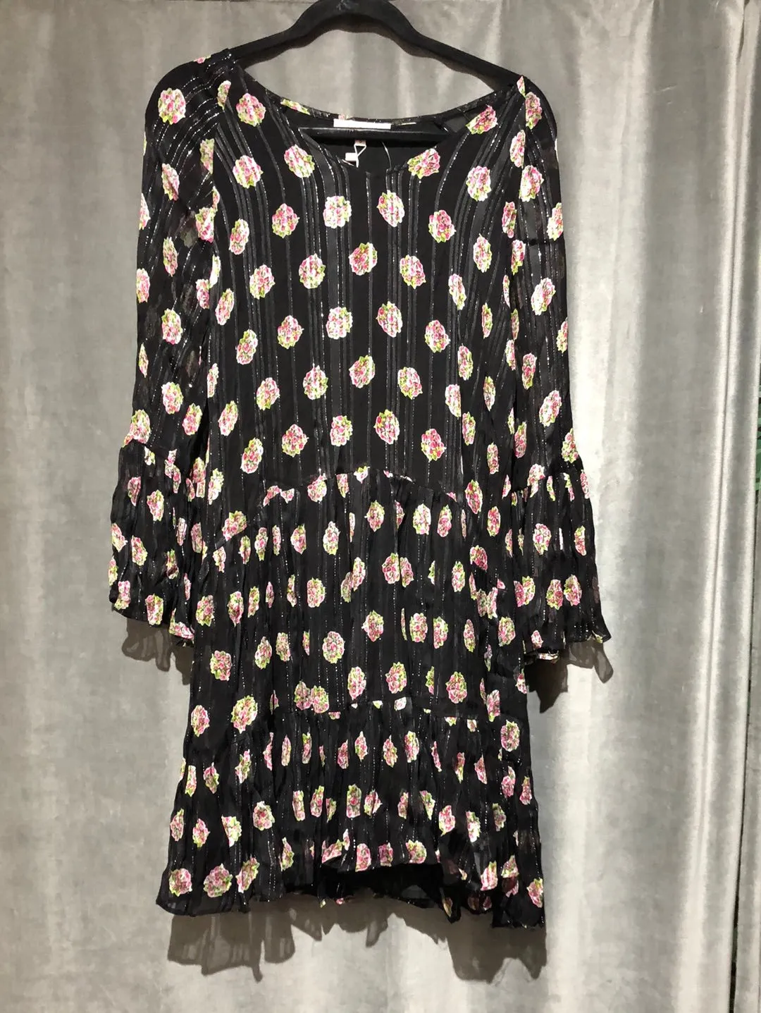 DERHY Black With Pink Fower Bell Sleeve MIni Dress