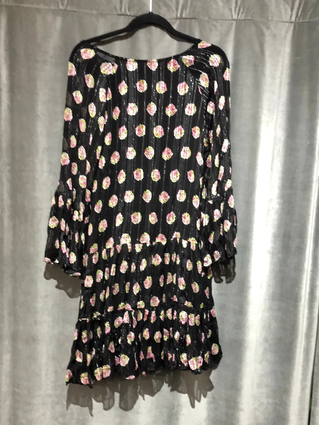 DERHY Black With Pink Fower Bell Sleeve MIni Dress