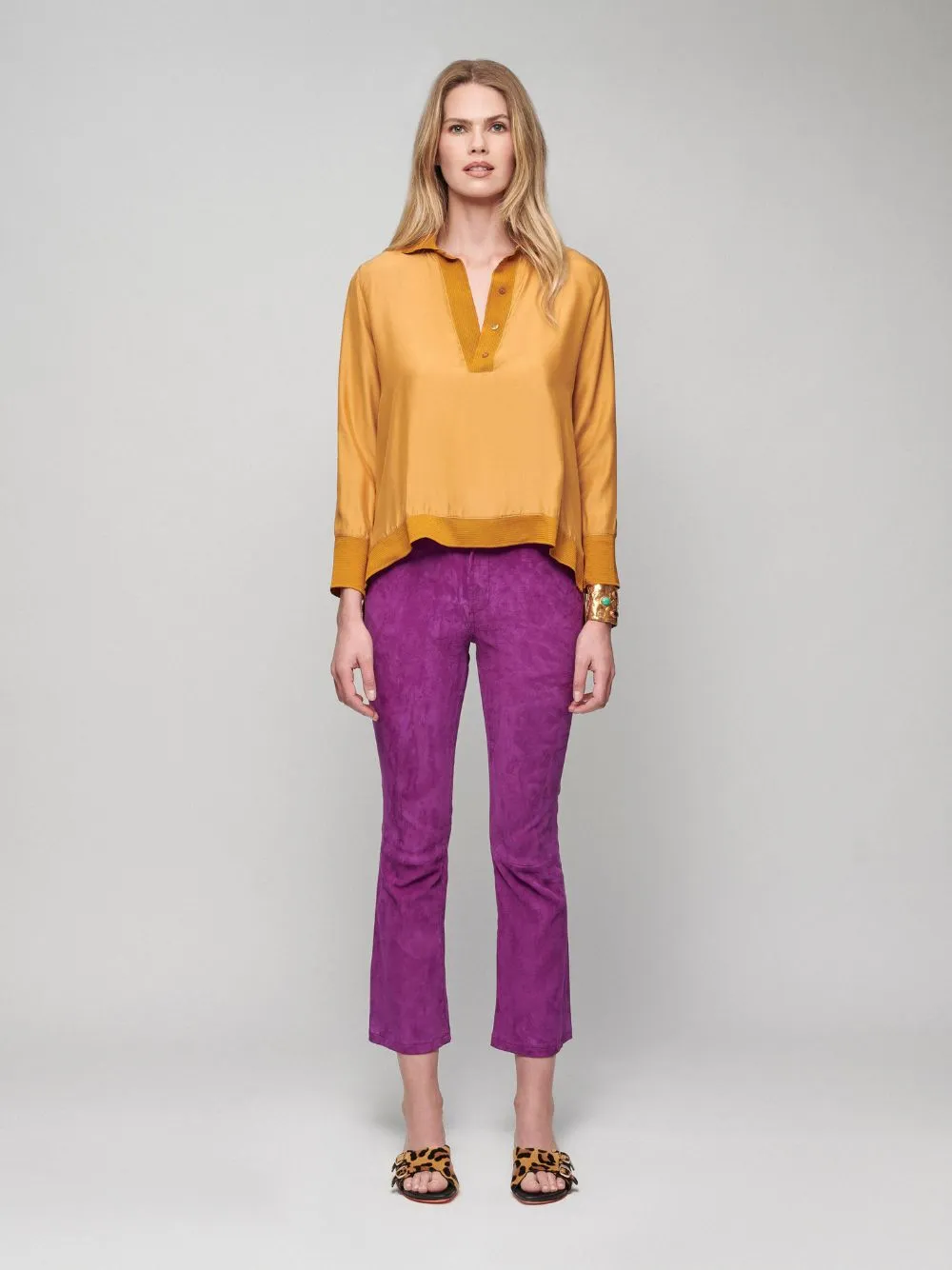 Diane Mustard Silk V-Neck Blouse