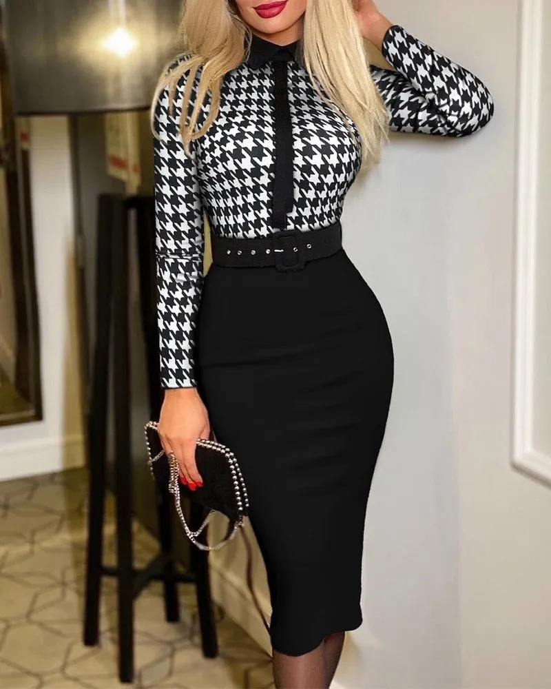 Elegant Commute Belt Bodycon Dress Vintage Print Long Sleeve Dress for Women