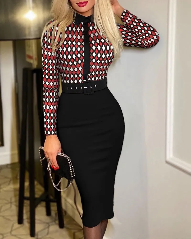 Elegant Commute Belt Bodycon Dress Vintage Print Long Sleeve Dress for Women