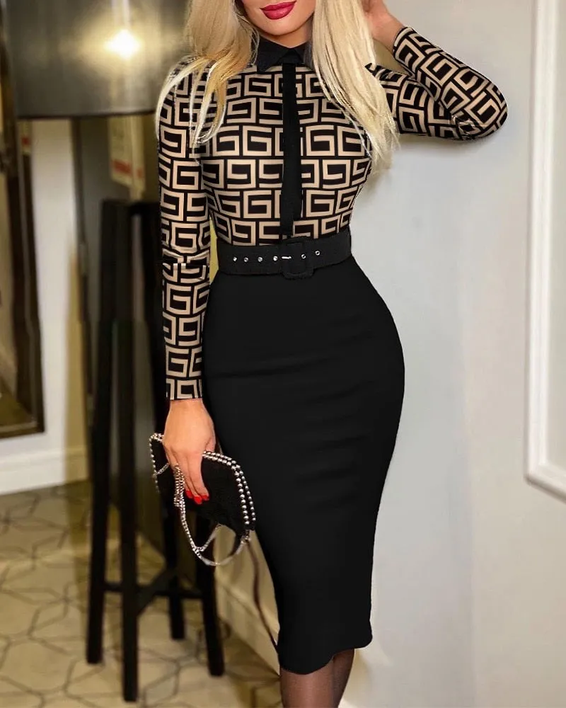 Elegant Commute Belt Bodycon Dress Vintage Print Long Sleeve Dress for Women